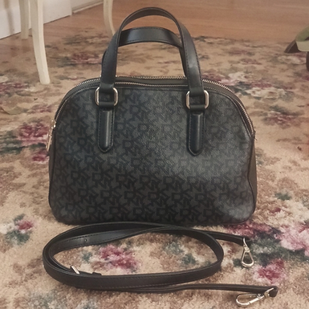 DKNY satchel handbag purse crossbody logo faux leather black grey